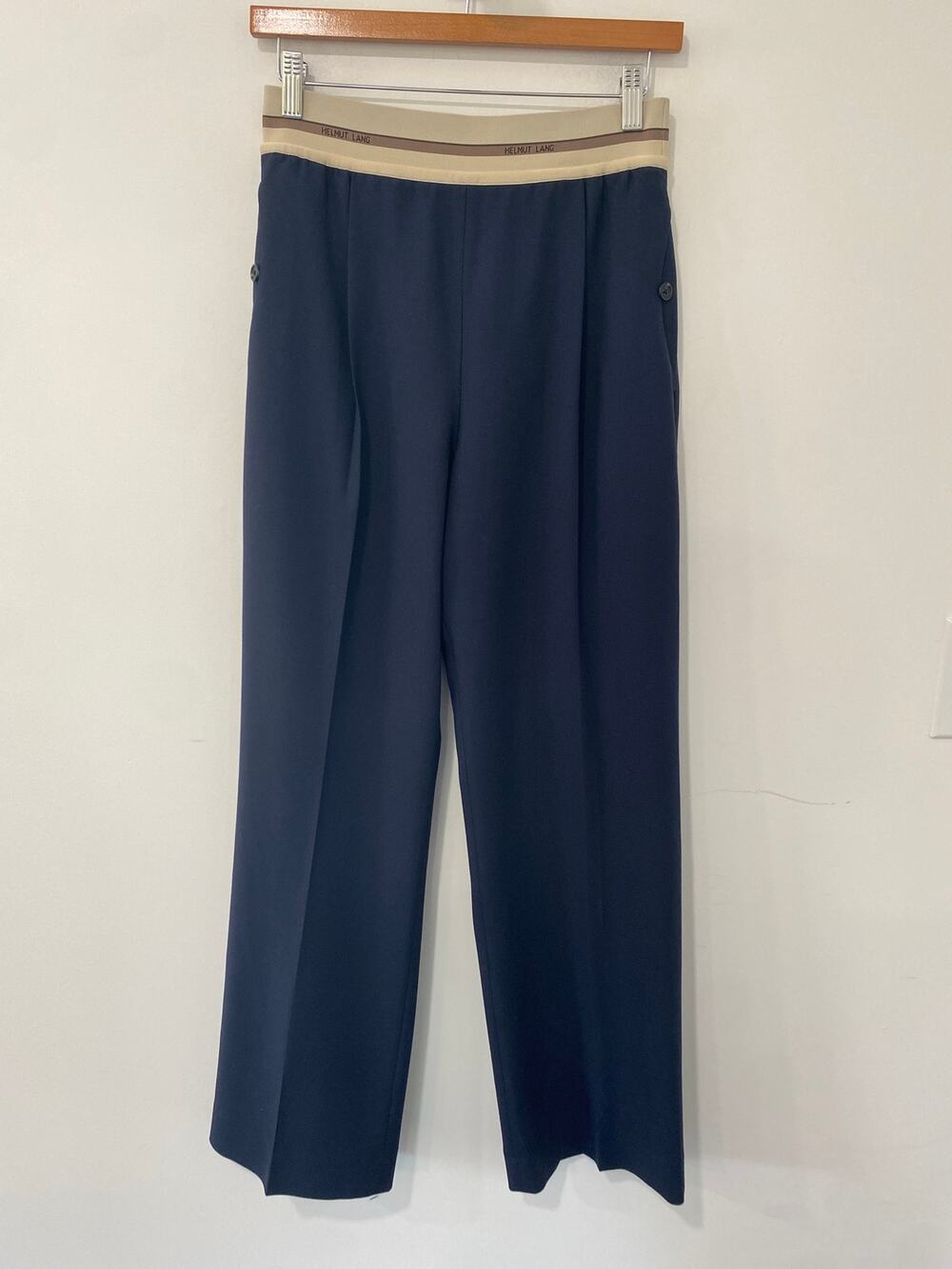 Helmut Lang Pants Navy Blue Cream Logo Waistband Size 4